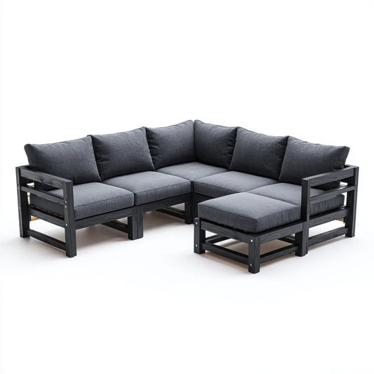Sofa ogrodowa, Taras loungesofa 3-częściowa czarna szara z litego drewna sosnowego o kształcie L- 220 x 220 cm z stolcem 60 x 60 cm