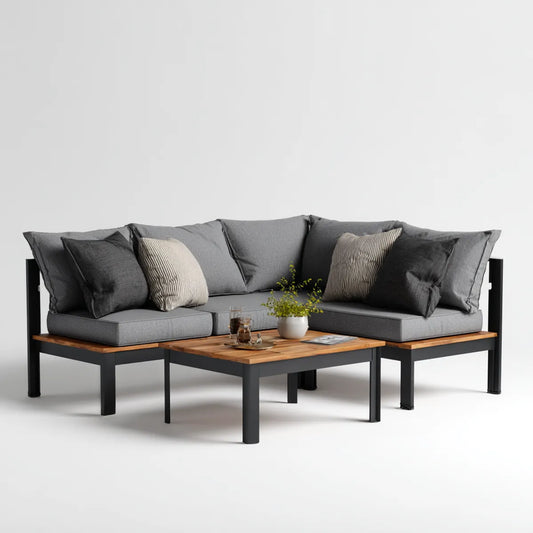 Sofa ogrodowa, Kącik ogrodowy 5 miejsc szaro-czarne z stolikiem do kawy 220 x 220 cm w stali i drewna acacia