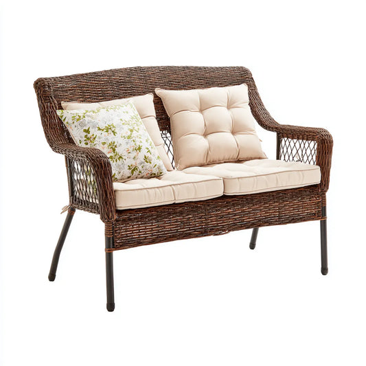 Sofa ogrodowa, Tapczan ogrodowy 2 brązowy beżowy ze stali wiklinowej i prostokątnej 130 x 70 x 80 cm
