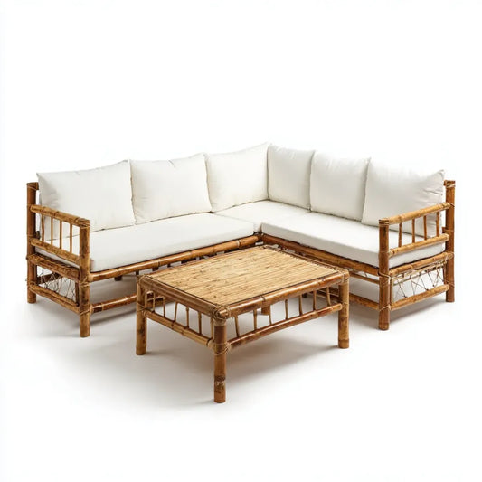 Sofa ogrodowa, Kącik meble ogrodowe 5 fotele z naturalnego i białego bambusa stolik kawa 210 x 210 x 75 cm