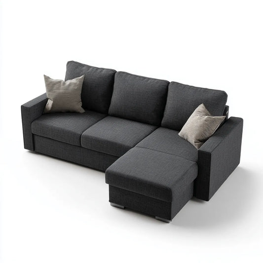 Sofa, Kanapa narożna z odblaskowym ciemnym szarym 250 x 160 x 85 cm poliestrowym tkaninem 3-fotelikowym o kształcie litery L
