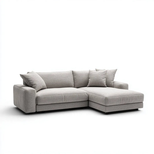 Sofa, Kanapa narożna z jasnoszarym, szarym poliestrowym materiałem o kształcie litery 250 x 160 x 85 cm