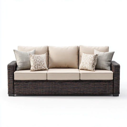 Sofa ogrodowa, 3 fotela ogrodowa w beżowym i brązowym rattanie PE z poduszkami 220 x 85 x 85 cm