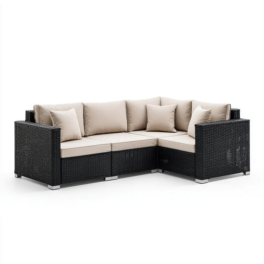 Sofa ogrodowa, 4 fotele narożnik ogród sofa czarny i beżowy 230 x 180 cm w PE plecione żywicy