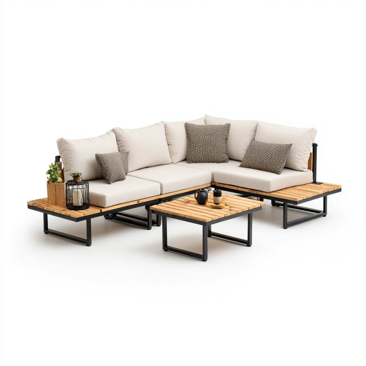 Sofa ogrodowa, Meble ogrodowe narożniki 5 miejsc beżowych w 260 x 260 x 70 cm w akacji i stali ze stołem kawowym